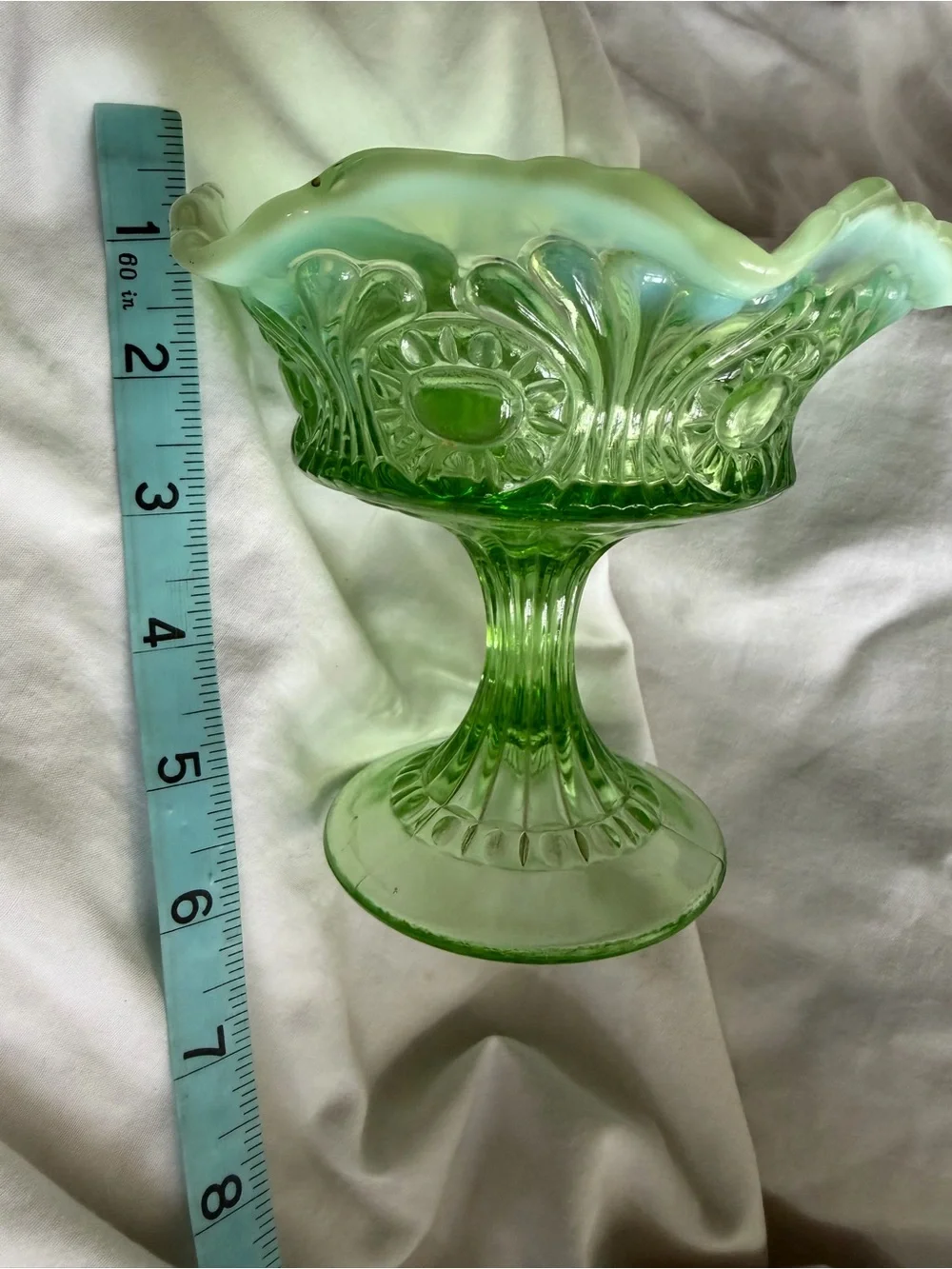 Green opalescent compote dish Northwood By the Glass Company.
